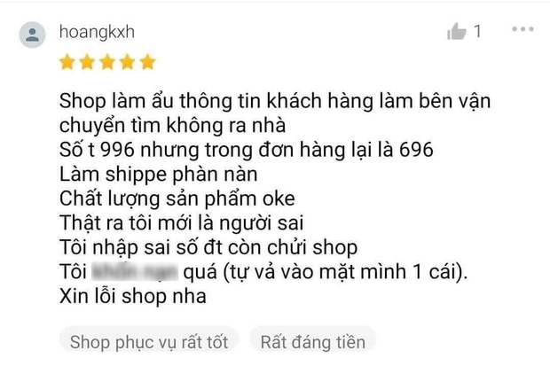 Phát hiện trách nhầm shop nên vị khách đã nhận lỗi và không quên đánh giá 5 sao để bù đắp "tổn thương" cho người bán