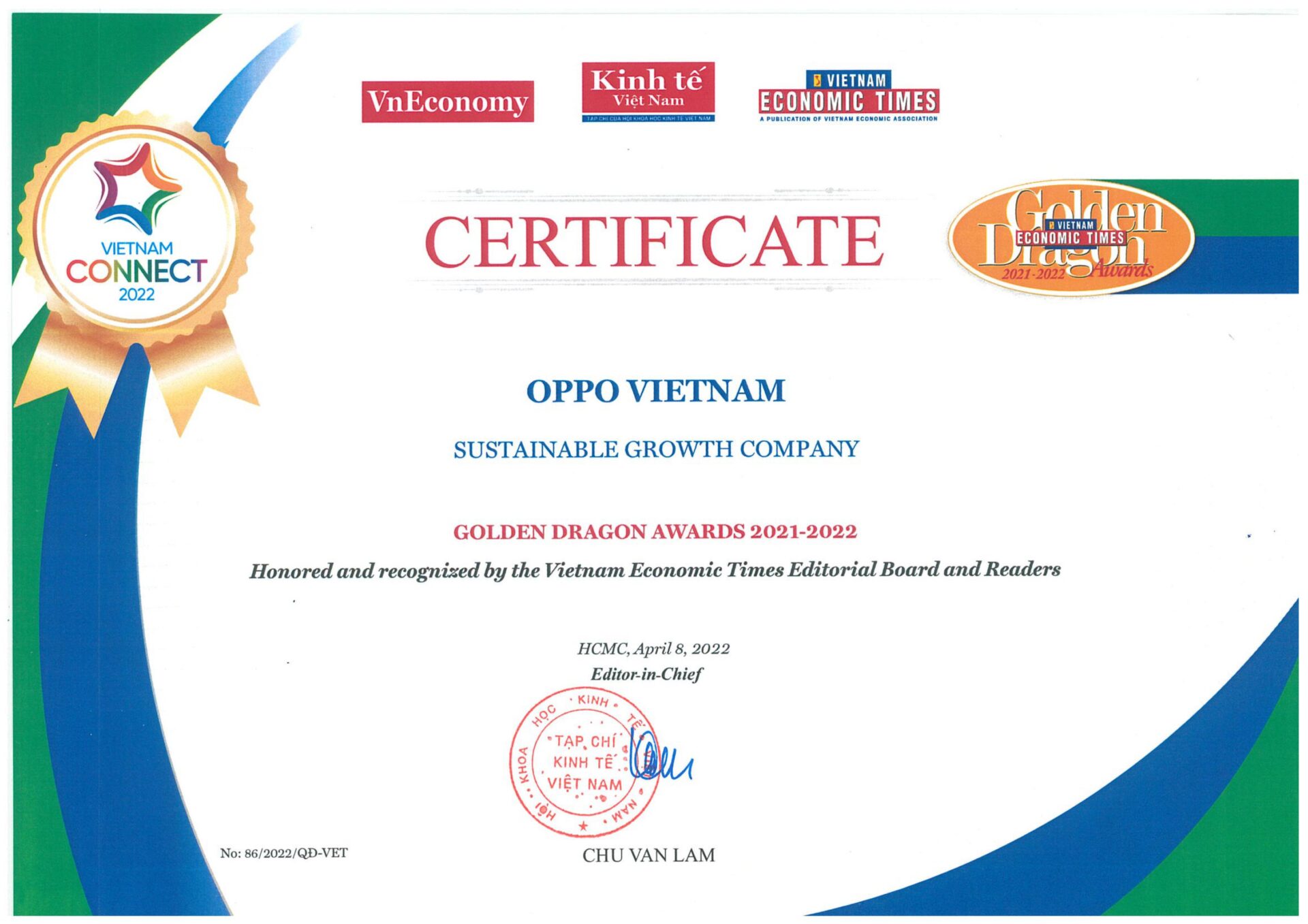 OPPO Việt Nam được vinh danh “Doanh nghiệp FDI tiêu biểu thúc đẩy tăng trưởng xanh và phát triển bền vững”