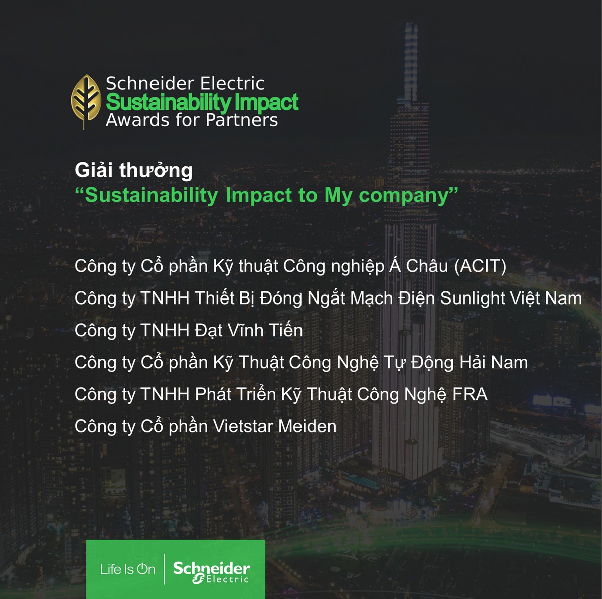 Schneider Electric vinh danh đối tác tại giải thưởng Phát triển bền vững Sustainability Impact Awards
