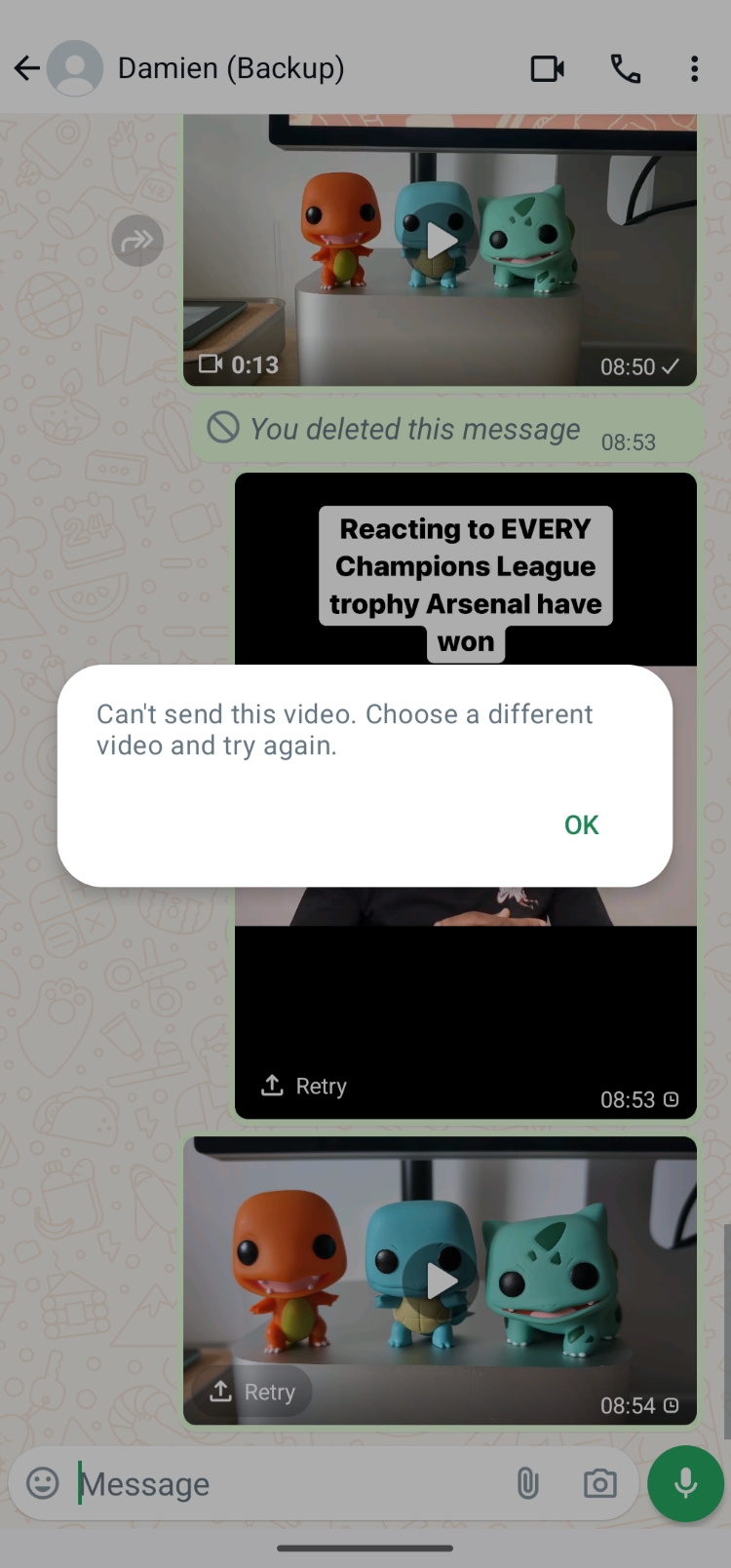 WhatsApp lỗi, không thể gửi video