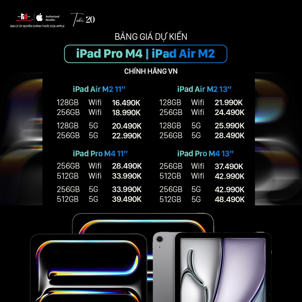 iPad Air M2 và iPad Pro M4 có giá dự kiến bao nhiêu?