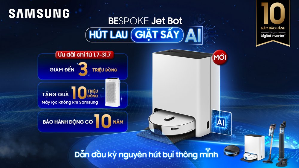 Samsung ra mắt robot hút lau giặt sấy Bespoke Jet Bot tích hợp công nghệ AI, diệt khuẩn 99.99%