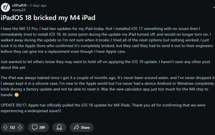 iPadOS 18 khiến iPad hư hỏng!