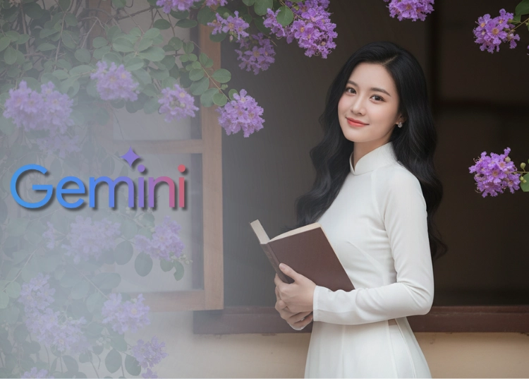 Câu lệnh Gemini AI tạo ảnh áo dài trắng bên bằng lăng tím