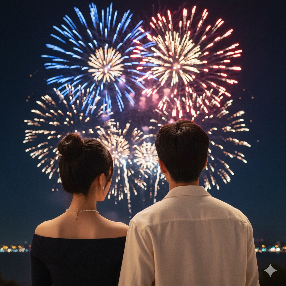 Câu lệnh Gemini AI tạo ảnh pháo hoa lãng mạn cùng người yêu