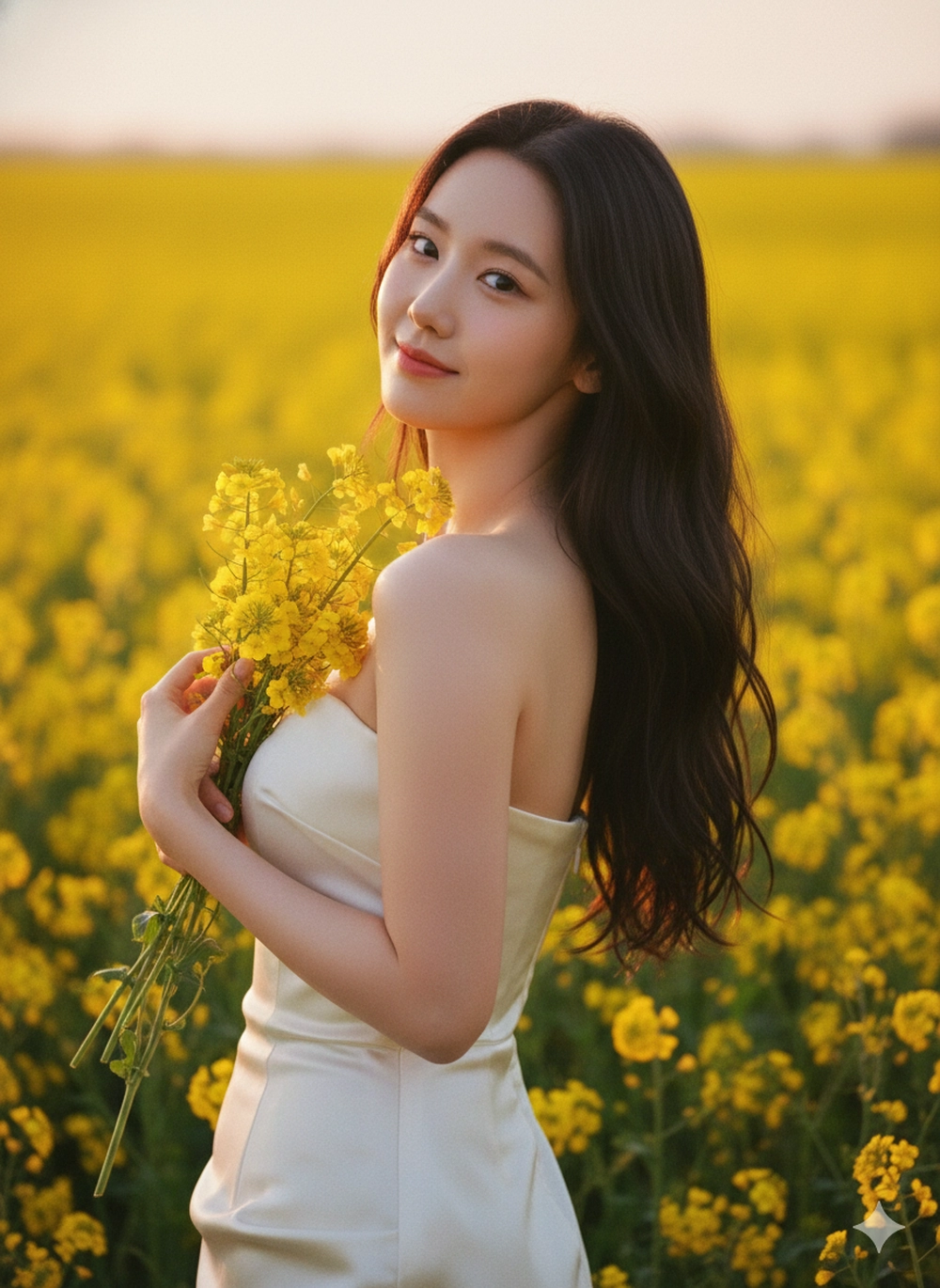 Cách tạo ảnh nàng thơ bên hoa vàng cùng Gemini Bước 1: Truy cập công cụ và tải ảnh lên Đầu tiên, bạn tìm kiếm và truy cập vào trang web của Google Gemini hoặc ứng dụng Gemini trên điện thoại. Chọn tính năng "Tạo hình ảnh" (Image Generation) hoặc giao diện nhập câu lệnh trực tiếp. Sau đó, bạn tải lên bức ảnh chân dung rõ nét mà muốn AI sử dụng khuôn mặt. Lưu ý chọn ảnh chính diện hoặc góc 3/4 rõ ràng, không bị che bởi tóc hay vật thể. Bên cạnh đó, ánh sáng cần đồng đều, không quá tối hoặc bị ngược sáng mạnh để AI lấy nét tốt nhất. Bước 2: Nhập câu lệnh Sao chép và dán (copy-paste) một trong các câu lệnh sau vào Gemini. Hình 1: Preserve the original face from the uploaded photo. Candid portrait of a beautiful Asian woman in a vast field of yellow rapeseed during the golden hour. She is turned three-quarters away from the camera, her head tilted back over her shoulder, a gentle half-smile on her face, her expression dreamy. Her long, wavy black hair is loose, the strands slightly tousled in the wind. She is wearing a strapless ivory satin dress that falls gracefully, the fabric catching the light gently. She holds a bouquet of yellow rapeseed flowers near her chest/shoulders, a few stems touching her bare shoulders. Warm sunset backlight creates a soft halo on her hair and shoulders, with subtle fill light from the front illuminating her face. Warm, cinematic color effects — bright yellow field, soft warm skin tone. Shallow depth of field, smooth bokeh background, natural film-like grain, portrait feel with 85mm, f/1.8 lens, surreal, highly detailed, true-to-life like a photo. Câu lệnh Gemini tạo ảnh nàng thơ bên hoa vàng rực rỡ Hình 2: Preserve the original face from the uploaded photo. A cinematic portrait of a young woman running through a field of blooming yellow flowers during the golden hour. She wears a strapless ivory satin dress that flows gracefully as she runs, gently holding the dress with one hand. Her long, dark brown hair is loose and fluttering in the wind. She looks towards the camera with joy and freedom. Warm, golden sunlight illuminates her face and dress, with a soft, natural motion blur in the background. The scene is dreamy, poetic, and serene—surrounded by endless yellow flowers under a soft sunset sky. Shot full body, shallow depth of field, film-like texture, warm vintage tones, surreal lighting, 85mm lens, cinematic atmosphere, soft focus, vibrant highlights. Câu lệnh Gemini tạo ảnh nàng thơ bên hoa vàng rực rỡ Hình 3: Original face from uploaded photo. A cheerful Asian woman stands in the middle of a bright yellow rapeseed field during golden hour, wearing a graceful, strapless ivory satin dress. She has long, wavy black hair that hangs loose with soft highlights, slightly tousled by the wind. She smiles warmly at the camera, one hand holding a V (peace) sign close to her face, in a playful selfie pose, her head tilted playfully. Soft sunlight from the right casts a warm glow on her hair and shoulders. The background is yellow flowers and distant village houses under a pale yellow sky. Natural light, pastel tones, cinematic composition, shallow depth of field, surrealism, soft focus, giving a warm and dreamy feel. Câu lệnh Gemini tạo ảnh nàng thơ bên hoa vàng rực rỡ Hình 4: The original face from the uploaded photo remains intact. A beautiful young woman with long, wavy black hair, wearing a graceful, strapless ivory satin dress, stands in the middle of a field of blooming yellow flowers during the golden hour. She turns her head slightly, the sunlight illuminating her face and dress with a warm glow. The background shows distant trees and rolling hills under a pastel sky. The atmosphere in the photo is cinematic, dreamy, romantic, and peaceful — natural light photography, shallow depth of field, surreal, 8K detail, film tones, soft focus. Câu lệnh Gemini tạo ảnh nàng thơ bên hoa vàng rực rỡ Hình 5: Preserve the original face from the uploaded photo. A beautiful Asian woman standing in the middle of a field of blooming yellow rapeseed flowers at golden hour, holding a bouquet of flowers close to her face, soft natural sunlight, long black hair blowing lightly in the wind, wearing a gracefully flowing strapless ivory satin dress, serene and dreamy expression, cinematic lighting, realistic skin texture, detailed background with mountains and trees, surreal portrait photography, shallow depth of field, 4K Câu lệnh Gemini tạo ảnh nàng thơ bên hoa vàng rực rỡ Hình 6: Original face from uploaded photo. A dreamy aesthetic portrait of a young girl reflected in a large square mirror set among bright yellow wildflowers under a blue sky. The girl has long, wavy black hair, natural makeup, and a gentle smile. She wears a gracefully flowing strapless ivory satin dress, lying on her side, one hand gently folded near her head. The photo captures her reflection in the mirror, surrounded by delicate yellow petals, soft daylight, shallow depth of field, cinematic composition, ethereal atmosphere, photography by @cottonbro, 85mm lens, f/1.8, surreal, high detail, soft colors, sky reflection photography style. Câu lệnh Gemini tạo ảnh nàng thơ bên hoa vàng rực rỡ Bước 3: Hoàn thiện và tải về Sau khi nhập prompt, Gemini AI sẽ cần vài giây để xử lý. Nếu kết quả chưa ưng ý (, bạn hãy thử điều chỉnh một vài từ khóa trong câu lệnh (Ví dụ: thay straw hat bằng wide-brim sun hat) và nhấn "Regenerate" để xem các biến thể khác. Khi đã có bức ảnh nàng thơ hoàn hảo, bạn chỉ cần tải về và sẵn sàng đăng trên mạng xã hội nhận bão like thôi.