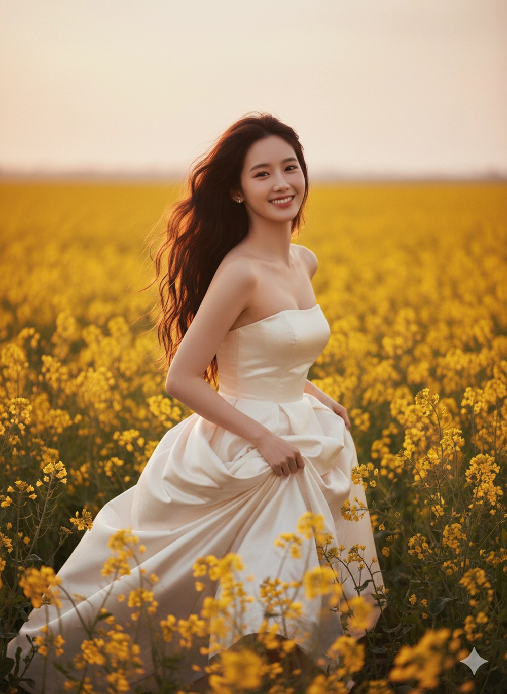 Cách tạo ảnh nàng thơ bên hoa vàng cùng Gemini Bước 1: Truy cập công cụ và tải ảnh lên Đầu tiên, bạn tìm kiếm và truy cập vào trang web của Google Gemini hoặc ứng dụng Gemini trên điện thoại. Chọn tính năng "Tạo hình ảnh" (Image Generation) hoặc giao diện nhập câu lệnh trực tiếp. Sau đó, bạn tải lên bức ảnh chân dung rõ nét mà muốn AI sử dụng khuôn mặt. Lưu ý chọn ảnh chính diện hoặc góc 3/4 rõ ràng, không bị che bởi tóc hay vật thể. Bên cạnh đó, ánh sáng cần đồng đều, không quá tối hoặc bị ngược sáng mạnh để AI lấy nét tốt nhất. Bước 2: Nhập câu lệnh Sao chép và dán (copy-paste) một trong các câu lệnh sau vào Gemini. Hình 1: Preserve the original face from the uploaded photo. Candid portrait of a beautiful Asian woman in a vast field of yellow rapeseed during the golden hour. She is turned three-quarters away from the camera, her head tilted back over her shoulder, a gentle half-smile on her face, her expression dreamy. Her long, wavy black hair is loose, the strands slightly tousled in the wind. She is wearing a strapless ivory satin dress that falls gracefully, the fabric catching the light gently. She holds a bouquet of yellow rapeseed flowers near her chest/shoulders, a few stems touching her bare shoulders. Warm sunset backlight creates a soft halo on her hair and shoulders, with subtle fill light from the front illuminating her face. Warm, cinematic color effects — bright yellow field, soft warm skin tone. Shallow depth of field, smooth bokeh background, natural film-like grain, portrait feel with 85mm, f/1.8 lens, surreal, highly detailed, true-to-life like a photo. Câu lệnh Gemini tạo ảnh nàng thơ bên hoa vàng rực rỡ Hình 2: Preserve the original face from the uploaded photo. A cinematic portrait of a young woman running through a field of blooming yellow flowers during the golden hour. She wears a strapless ivory satin dress that flows gracefully as she runs, gently holding the dress with one hand. Her long, dark brown hair is loose and fluttering in the wind. She looks towards the camera with joy and freedom. Warm, golden sunlight illuminates her face and dress, with a soft, natural motion blur in the background. The scene is dreamy, poetic, and serene—surrounded by endless yellow flowers under a soft sunset sky. Shot full body, shallow depth of field, film-like texture, warm vintage tones, surreal lighting, 85mm lens, cinematic atmosphere, soft focus, vibrant highlights. Câu lệnh Gemini tạo ảnh nàng thơ bên hoa vàng rực rỡ Hình 3: Original face from uploaded photo. A cheerful Asian woman stands in the middle of a bright yellow rapeseed field during golden hour, wearing a graceful, strapless ivory satin dress. She has long, wavy black hair that hangs loose with soft highlights, slightly tousled by the wind. She smiles warmly at the camera, one hand holding a V (peace) sign close to her face, in a playful selfie pose, her head tilted playfully. Soft sunlight from the right casts a warm glow on her hair and shoulders. The background is yellow flowers and distant village houses under a pale yellow sky. Natural light, pastel tones, cinematic composition, shallow depth of field, surrealism, soft focus, giving a warm and dreamy feel. Câu lệnh Gemini tạo ảnh nàng thơ bên hoa vàng rực rỡ Hình 4: The original face from the uploaded photo remains intact. A beautiful young woman with long, wavy black hair, wearing a graceful, strapless ivory satin dress, stands in the middle of a field of blooming yellow flowers during the golden hour. She turns her head slightly, the sunlight illuminating her face and dress with a warm glow. The background shows distant trees and rolling hills under a pastel sky. The atmosphere in the photo is cinematic, dreamy, romantic, and peaceful — natural light photography, shallow depth of field, surreal, 8K detail, film tones, soft focus. Câu lệnh Gemini tạo ảnh nàng thơ bên hoa vàng rực rỡ Hình 5: Preserve the original face from the uploaded photo. A beautiful Asian woman standing in the middle of a field of blooming yellow rapeseed flowers at golden hour, holding a bouquet of flowers close to her face, soft natural sunlight, long black hair blowing lightly in the wind, wearing a gracefully flowing strapless ivory satin dress, serene and dreamy expression, cinematic lighting, realistic skin texture, detailed background with mountains and trees, surreal portrait photography, shallow depth of field, 4K Câu lệnh Gemini tạo ảnh nàng thơ bên hoa vàng rực rỡ Hình 6: Original face from uploaded photo. A dreamy aesthetic portrait of a young girl reflected in a large square mirror set among bright yellow wildflowers under a blue sky. The girl has long, wavy black hair, natural makeup, and a gentle smile. She wears a gracefully flowing strapless ivory satin dress, lying on her side, one hand gently folded near her head. The photo captures her reflection in the mirror, surrounded by delicate yellow petals, soft daylight, shallow depth of field, cinematic composition, ethereal atmosphere, photography by @cottonbro, 85mm lens, f/1.8, surreal, high detail, soft colors, sky reflection photography style. Câu lệnh Gemini tạo ảnh nàng thơ bên hoa vàng rực rỡ Bước 3: Hoàn thiện và tải về Sau khi nhập prompt, Gemini AI sẽ cần vài giây để xử lý. Nếu kết quả chưa ưng ý (, bạn hãy thử điều chỉnh một vài từ khóa trong câu lệnh (Ví dụ: thay straw hat bằng wide-brim sun hat) và nhấn "Regenerate" để xem các biến thể khác. Khi đã có bức ảnh nàng thơ hoàn hảo, bạn chỉ cần tải về và sẵn sàng đăng trên mạng xã hội nhận bão like thôi.