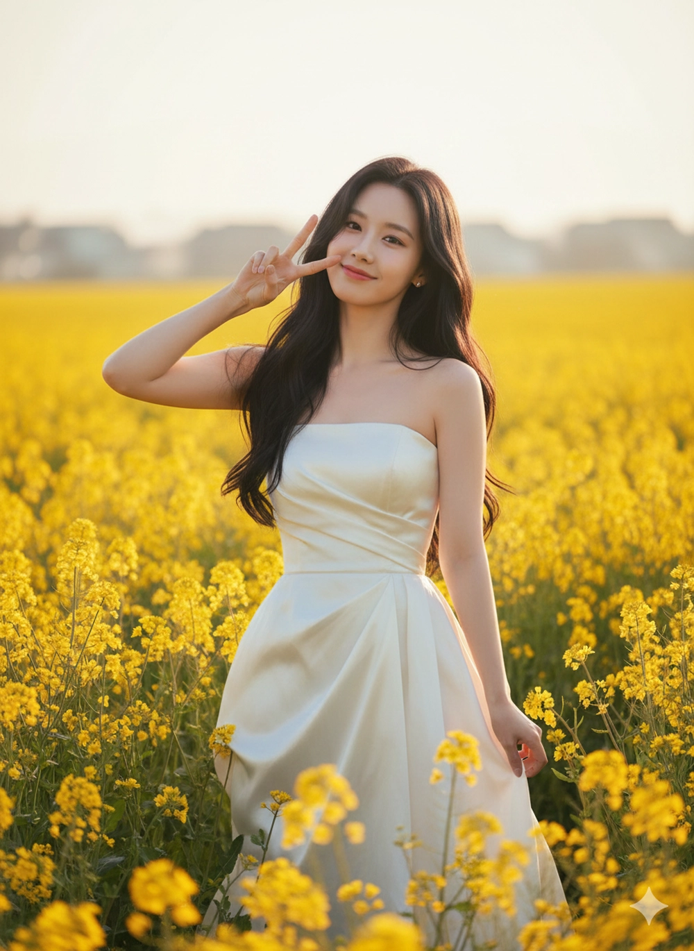 Cách tạo ảnh nàng thơ bên hoa vàng cùng Gemini Bước 1: Truy cập công cụ và tải ảnh lên Đầu tiên, bạn tìm kiếm và truy cập vào trang web của Google Gemini hoặc ứng dụng Gemini trên điện thoại. Chọn tính năng "Tạo hình ảnh" (Image Generation) hoặc giao diện nhập câu lệnh trực tiếp. Sau đó, bạn tải lên bức ảnh chân dung rõ nét mà muốn AI sử dụng khuôn mặt. Lưu ý chọn ảnh chính diện hoặc góc 3/4 rõ ràng, không bị che bởi tóc hay vật thể. Bên cạnh đó, ánh sáng cần đồng đều, không quá tối hoặc bị ngược sáng mạnh để AI lấy nét tốt nhất. Bước 2: Nhập câu lệnh Sao chép và dán (copy-paste) một trong các câu lệnh sau vào Gemini. Hình 1: Preserve the original face from the uploaded photo. Candid portrait of a beautiful Asian woman in a vast field of yellow rapeseed during the golden hour. She is turned three-quarters away from the camera, her head tilted back over her shoulder, a gentle half-smile on her face, her expression dreamy. Her long, wavy black hair is loose, the strands slightly tousled in the wind. She is wearing a strapless ivory satin dress that falls gracefully, the fabric catching the light gently. She holds a bouquet of yellow rapeseed flowers near her chest/shoulders, a few stems touching her bare shoulders. Warm sunset backlight creates a soft halo on her hair and shoulders, with subtle fill light from the front illuminating her face. Warm, cinematic color effects — bright yellow field, soft warm skin tone. Shallow depth of field, smooth bokeh background, natural film-like grain, portrait feel with 85mm, f/1.8 lens, surreal, highly detailed, true-to-life like a photo. Câu lệnh Gemini tạo ảnh nàng thơ bên hoa vàng rực rỡ Hình 2: Preserve the original face from the uploaded photo. A cinematic portrait of a young woman running through a field of blooming yellow flowers during the golden hour. She wears a strapless ivory satin dress that flows gracefully as she runs, gently holding the dress with one hand. Her long, dark brown hair is loose and fluttering in the wind. She looks towards the camera with joy and freedom. Warm, golden sunlight illuminates her face and dress, with a soft, natural motion blur in the background. The scene is dreamy, poetic, and serene—surrounded by endless yellow flowers under a soft sunset sky. Shot full body, shallow depth of field, film-like texture, warm vintage tones, surreal lighting, 85mm lens, cinematic atmosphere, soft focus, vibrant highlights. Câu lệnh Gemini tạo ảnh nàng thơ bên hoa vàng rực rỡ Hình 3: Original face from uploaded photo. A cheerful Asian woman stands in the middle of a bright yellow rapeseed field during golden hour, wearing a graceful, strapless ivory satin dress. She has long, wavy black hair that hangs loose with soft highlights, slightly tousled by the wind. She smiles warmly at the camera, one hand holding a V (peace) sign close to her face, in a playful selfie pose, her head tilted playfully. Soft sunlight from the right casts a warm glow on her hair and shoulders. The background is yellow flowers and distant village houses under a pale yellow sky. Natural light, pastel tones, cinematic composition, shallow depth of field, surrealism, soft focus, giving a warm and dreamy feel. Câu lệnh Gemini tạo ảnh nàng thơ bên hoa vàng rực rỡ Hình 4: The original face from the uploaded photo remains intact. A beautiful young woman with long, wavy black hair, wearing a graceful, strapless ivory satin dress, stands in the middle of a field of blooming yellow flowers during the golden hour. She turns her head slightly, the sunlight illuminating her face and dress with a warm glow. The background shows distant trees and rolling hills under a pastel sky. The atmosphere in the photo is cinematic, dreamy, romantic, and peaceful — natural light photography, shallow depth of field, surreal, 8K detail, film tones, soft focus. Câu lệnh Gemini tạo ảnh nàng thơ bên hoa vàng rực rỡ Hình 5: Preserve the original face from the uploaded photo. A beautiful Asian woman standing in the middle of a field of blooming yellow rapeseed flowers at golden hour, holding a bouquet of flowers close to her face, soft natural sunlight, long black hair blowing lightly in the wind, wearing a gracefully flowing strapless ivory satin dress, serene and dreamy expression, cinematic lighting, realistic skin texture, detailed background with mountains and trees, surreal portrait photography, shallow depth of field, 4K Câu lệnh Gemini tạo ảnh nàng thơ bên hoa vàng rực rỡ Hình 6: Original face from uploaded photo. A dreamy aesthetic portrait of a young girl reflected in a large square mirror set among bright yellow wildflowers under a blue sky. The girl has long, wavy black hair, natural makeup, and a gentle smile. She wears a gracefully flowing strapless ivory satin dress, lying on her side, one hand gently folded near her head. The photo captures her reflection in the mirror, surrounded by delicate yellow petals, soft daylight, shallow depth of field, cinematic composition, ethereal atmosphere, photography by @cottonbro, 85mm lens, f/1.8, surreal, high detail, soft colors, sky reflection photography style. Câu lệnh Gemini tạo ảnh nàng thơ bên hoa vàng rực rỡ Bước 3: Hoàn thiện và tải về Sau khi nhập prompt, Gemini AI sẽ cần vài giây để xử lý. Nếu kết quả chưa ưng ý (, bạn hãy thử điều chỉnh một vài từ khóa trong câu lệnh (Ví dụ: thay straw hat bằng wide-brim sun hat) và nhấn "Regenerate" để xem các biến thể khác. Khi đã có bức ảnh nàng thơ hoàn hảo, bạn chỉ cần tải về và sẵn sàng đăng trên mạng xã hội nhận bão like thôi.