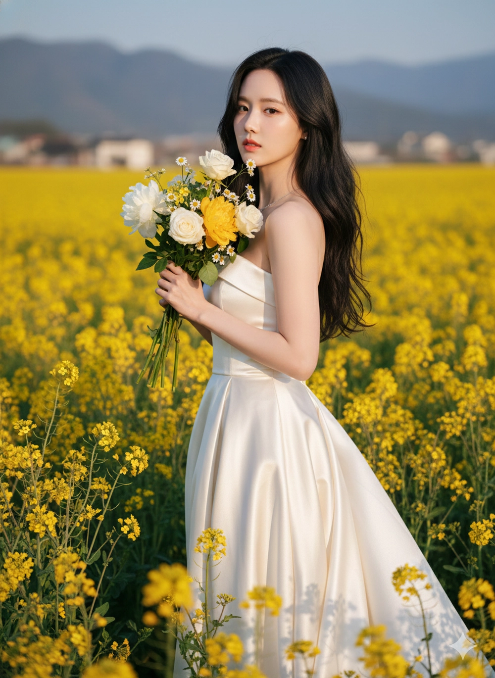Cách tạo ảnh nàng thơ bên hoa vàng cùng Gemini Bước 1: Truy cập công cụ và tải ảnh lên Đầu tiên, bạn tìm kiếm và truy cập vào trang web của Google Gemini hoặc ứng dụng Gemini trên điện thoại. Chọn tính năng "Tạo hình ảnh" (Image Generation) hoặc giao diện nhập câu lệnh trực tiếp. Sau đó, bạn tải lên bức ảnh chân dung rõ nét mà muốn AI sử dụng khuôn mặt. Lưu ý chọn ảnh chính diện hoặc góc 3/4 rõ ràng, không bị che bởi tóc hay vật thể. Bên cạnh đó, ánh sáng cần đồng đều, không quá tối hoặc bị ngược sáng mạnh để AI lấy nét tốt nhất. Bước 2: Nhập câu lệnh Sao chép và dán (copy-paste) một trong các câu lệnh sau vào Gemini. Hình 1: Preserve the original face from the uploaded photo. Candid portrait of a beautiful Asian woman in a vast field of yellow rapeseed during the golden hour. She is turned three-quarters away from the camera, her head tilted back over her shoulder, a gentle half-smile on her face, her expression dreamy. Her long, wavy black hair is loose, the strands slightly tousled in the wind. She is wearing a strapless ivory satin dress that falls gracefully, the fabric catching the light gently. She holds a bouquet of yellow rapeseed flowers near her chest/shoulders, a few stems touching her bare shoulders. Warm sunset backlight creates a soft halo on her hair and shoulders, with subtle fill light from the front illuminating her face. Warm, cinematic color effects — bright yellow field, soft warm skin tone. Shallow depth of field, smooth bokeh background, natural film-like grain, portrait feel with 85mm, f/1.8 lens, surreal, highly detailed, true-to-life like a photo. Câu lệnh Gemini tạo ảnh nàng thơ bên hoa vàng rực rỡ Hình 2: Preserve the original face from the uploaded photo. A cinematic portrait of a young woman running through a field of blooming yellow flowers during the golden hour. She wears a strapless ivory satin dress that flows gracefully as she runs, gently holding the dress with one hand. Her long, dark brown hair is loose and fluttering in the wind. She looks towards the camera with joy and freedom. Warm, golden sunlight illuminates her face and dress, with a soft, natural motion blur in the background. The scene is dreamy, poetic, and serene—surrounded by endless yellow flowers under a soft sunset sky. Shot full body, shallow depth of field, film-like texture, warm vintage tones, surreal lighting, 85mm lens, cinematic atmosphere, soft focus, vibrant highlights. Câu lệnh Gemini tạo ảnh nàng thơ bên hoa vàng rực rỡ Hình 3: Original face from uploaded photo. A cheerful Asian woman stands in the middle of a bright yellow rapeseed field during golden hour, wearing a graceful, strapless ivory satin dress. She has long, wavy black hair that hangs loose with soft highlights, slightly tousled by the wind. She smiles warmly at the camera, one hand holding a V (peace) sign close to her face, in a playful selfie pose, her head tilted playfully. Soft sunlight from the right casts a warm glow on her hair and shoulders. The background is yellow flowers and distant village houses under a pale yellow sky. Natural light, pastel tones, cinematic composition, shallow depth of field, surrealism, soft focus, giving a warm and dreamy feel. Câu lệnh Gemini tạo ảnh nàng thơ bên hoa vàng rực rỡ Hình 4: The original face from the uploaded photo remains intact. A beautiful young woman with long, wavy black hair, wearing a graceful, strapless ivory satin dress, stands in the middle of a field of blooming yellow flowers during the golden hour. She turns her head slightly, the sunlight illuminating her face and dress with a warm glow. The background shows distant trees and rolling hills under a pastel sky. The atmosphere in the photo is cinematic, dreamy, romantic, and peaceful — natural light photography, shallow depth of field, surreal, 8K detail, film tones, soft focus. Câu lệnh Gemini tạo ảnh nàng thơ bên hoa vàng rực rỡ Hình 5: Preserve the original face from the uploaded photo. A beautiful Asian woman standing in the middle of a field of blooming yellow rapeseed flowers at golden hour, holding a bouquet of flowers close to her face, soft natural sunlight, long black hair blowing lightly in the wind, wearing a gracefully flowing strapless ivory satin dress, serene and dreamy expression, cinematic lighting, realistic skin texture, detailed background with mountains and trees, surreal portrait photography, shallow depth of field, 4K Câu lệnh Gemini tạo ảnh nàng thơ bên hoa vàng rực rỡ Hình 6: Original face from uploaded photo. A dreamy aesthetic portrait of a young girl reflected in a large square mirror set among bright yellow wildflowers under a blue sky. The girl has long, wavy black hair, natural makeup, and a gentle smile. She wears a gracefully flowing strapless ivory satin dress, lying on her side, one hand gently folded near her head. The photo captures her reflection in the mirror, surrounded by delicate yellow petals, soft daylight, shallow depth of field, cinematic composition, ethereal atmosphere, photography by @cottonbro, 85mm lens, f/1.8, surreal, high detail, soft colors, sky reflection photography style. Câu lệnh Gemini tạo ảnh nàng thơ bên hoa vàng rực rỡ Bước 3: Hoàn thiện và tải về Sau khi nhập prompt, Gemini AI sẽ cần vài giây để xử lý. Nếu kết quả chưa ưng ý (, bạn hãy thử điều chỉnh một vài từ khóa trong câu lệnh (Ví dụ: thay straw hat bằng wide-brim sun hat) và nhấn "Regenerate" để xem các biến thể khác. Khi đã có bức ảnh nàng thơ hoàn hảo, bạn chỉ cần tải về và sẵn sàng đăng trên mạng xã hội nhận bão like thôi.