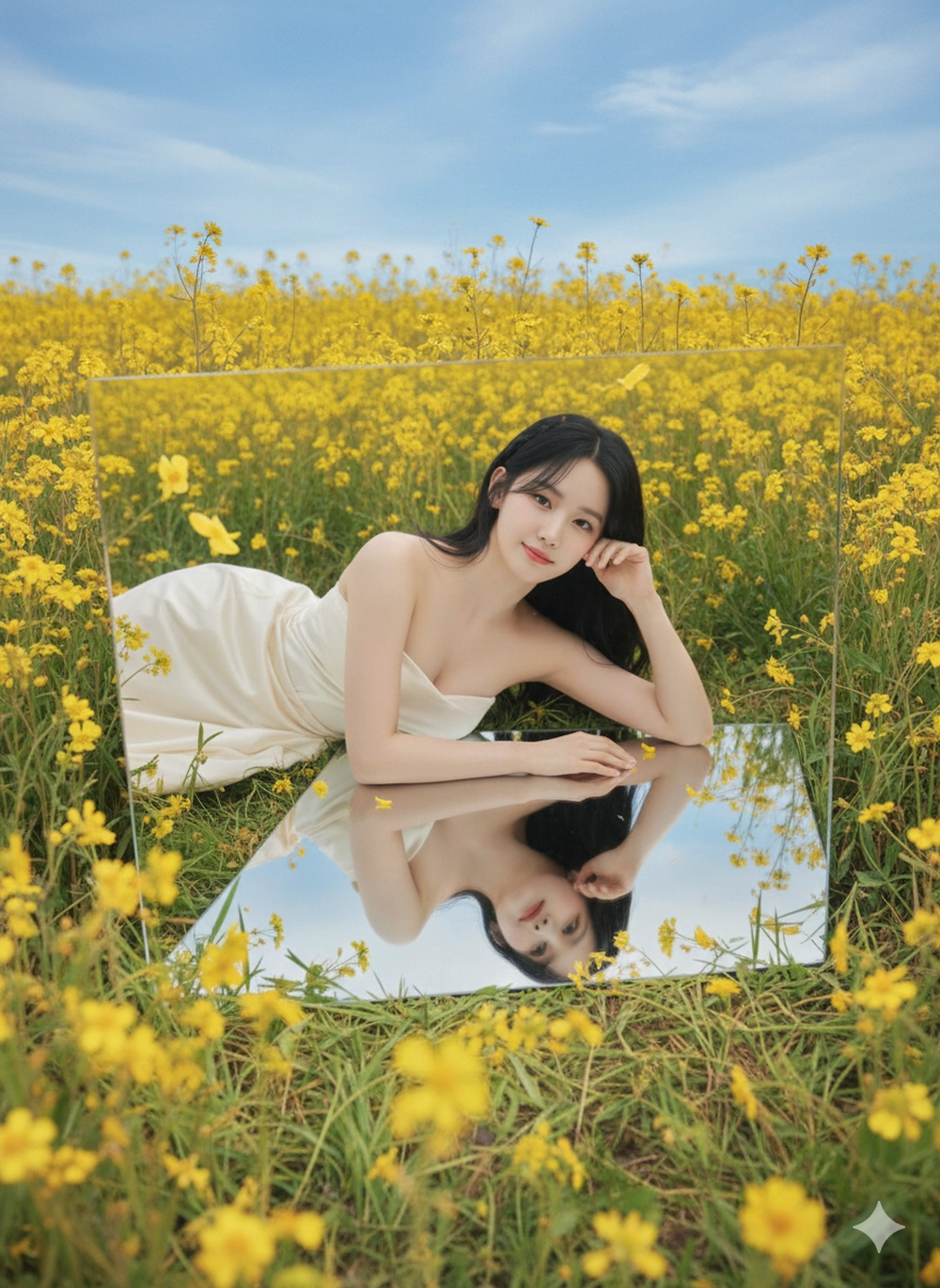 Cách tạo ảnh nàng thơ bên hoa vàng cùng Gemini Bước 1: Truy cập công cụ và tải ảnh lên Đầu tiên, bạn tìm kiếm và truy cập vào trang web của Google Gemini hoặc ứng dụng Gemini trên điện thoại. Chọn tính năng "Tạo hình ảnh" (Image Generation) hoặc giao diện nhập câu lệnh trực tiếp. Sau đó, bạn tải lên bức ảnh chân dung rõ nét mà muốn AI sử dụng khuôn mặt. Lưu ý chọn ảnh chính diện hoặc góc 3/4 rõ ràng, không bị che bởi tóc hay vật thể. Bên cạnh đó, ánh sáng cần đồng đều, không quá tối hoặc bị ngược sáng mạnh để AI lấy nét tốt nhất. Bước 2: Nhập câu lệnh Sao chép và dán (copy-paste) một trong các câu lệnh sau vào Gemini. Hình 1: Preserve the original face from the uploaded photo. Candid portrait of a beautiful Asian woman in a vast field of yellow rapeseed during the golden hour. She is turned three-quarters away from the camera, her head tilted back over her shoulder, a gentle half-smile on her face, her expression dreamy. Her long, wavy black hair is loose, the strands slightly tousled in the wind. She is wearing a strapless ivory satin dress that falls gracefully, the fabric catching the light gently. She holds a bouquet of yellow rapeseed flowers near her chest/shoulders, a few stems touching her bare shoulders. Warm sunset backlight creates a soft halo on her hair and shoulders, with subtle fill light from the front illuminating her face. Warm, cinematic color effects — bright yellow field, soft warm skin tone. Shallow depth of field, smooth bokeh background, natural film-like grain, portrait feel with 85mm, f/1.8 lens, surreal, highly detailed, true-to-life like a photo. Câu lệnh Gemini tạo ảnh nàng thơ bên hoa vàng rực rỡ Hình 2: Preserve the original face from the uploaded photo. A cinematic portrait of a young woman running through a field of blooming yellow flowers during the golden hour. She wears a strapless ivory satin dress that flows gracefully as she runs, gently holding the dress with one hand. Her long, dark brown hair is loose and fluttering in the wind. She looks towards the camera with joy and freedom. Warm, golden sunlight illuminates her face and dress, with a soft, natural motion blur in the background. The scene is dreamy, poetic, and serene—surrounded by endless yellow flowers under a soft sunset sky. Shot full body, shallow depth of field, film-like texture, warm vintage tones, surreal lighting, 85mm lens, cinematic atmosphere, soft focus, vibrant highlights. Câu lệnh Gemini tạo ảnh nàng thơ bên hoa vàng rực rỡ Hình 3: Original face from uploaded photo. A cheerful Asian woman stands in the middle of a bright yellow rapeseed field during golden hour, wearing a graceful, strapless ivory satin dress. She has long, wavy black hair that hangs loose with soft highlights, slightly tousled by the wind. She smiles warmly at the camera, one hand holding a V (peace) sign close to her face, in a playful selfie pose, her head tilted playfully. Soft sunlight from the right casts a warm glow on her hair and shoulders. The background is yellow flowers and distant village houses under a pale yellow sky. Natural light, pastel tones, cinematic composition, shallow depth of field, surrealism, soft focus, giving a warm and dreamy feel. Câu lệnh Gemini tạo ảnh nàng thơ bên hoa vàng rực rỡ Hình 4: The original face from the uploaded photo remains intact. A beautiful young woman with long, wavy black hair, wearing a graceful, strapless ivory satin dress, stands in the middle of a field of blooming yellow flowers during the golden hour. She turns her head slightly, the sunlight illuminating her face and dress with a warm glow. The background shows distant trees and rolling hills under a pastel sky. The atmosphere in the photo is cinematic, dreamy, romantic, and peaceful — natural light photography, shallow depth of field, surreal, 8K detail, film tones, soft focus. Câu lệnh Gemini tạo ảnh nàng thơ bên hoa vàng rực rỡ Hình 5: Preserve the original face from the uploaded photo. A beautiful Asian woman standing in the middle of a field of blooming yellow rapeseed flowers at golden hour, holding a bouquet of flowers close to her face, soft natural sunlight, long black hair blowing lightly in the wind, wearing a gracefully flowing strapless ivory satin dress, serene and dreamy expression, cinematic lighting, realistic skin texture, detailed background with mountains and trees, surreal portrait photography, shallow depth of field, 4K Câu lệnh Gemini tạo ảnh nàng thơ bên hoa vàng rực rỡ Hình 6: Original face from uploaded photo. A dreamy aesthetic portrait of a young girl reflected in a large square mirror set among bright yellow wildflowers under a blue sky. The girl has long, wavy black hair, natural makeup, and a gentle smile. She wears a gracefully flowing strapless ivory satin dress, lying on her side, one hand gently folded near her head. The photo captures her reflection in the mirror, surrounded by delicate yellow petals, soft daylight, shallow depth of field, cinematic composition, ethereal atmosphere, photography by @cottonbro, 85mm lens, f/1.8, surreal, high detail, soft colors, sky reflection photography style. Câu lệnh Gemini tạo ảnh nàng thơ bên hoa vàng rực rỡ Bước 3: Hoàn thiện và tải về Sau khi nhập prompt, Gemini AI sẽ cần vài giây để xử lý. Nếu kết quả chưa ưng ý (, bạn hãy thử điều chỉnh một vài từ khóa trong câu lệnh (Ví dụ: thay straw hat bằng wide-brim sun hat) và nhấn "Regenerate" để xem các biến thể khác. Khi đã có bức ảnh nàng thơ hoàn hảo, bạn chỉ cần tải về và sẵn sàng đăng trên mạng xã hội nhận bão like thôi.