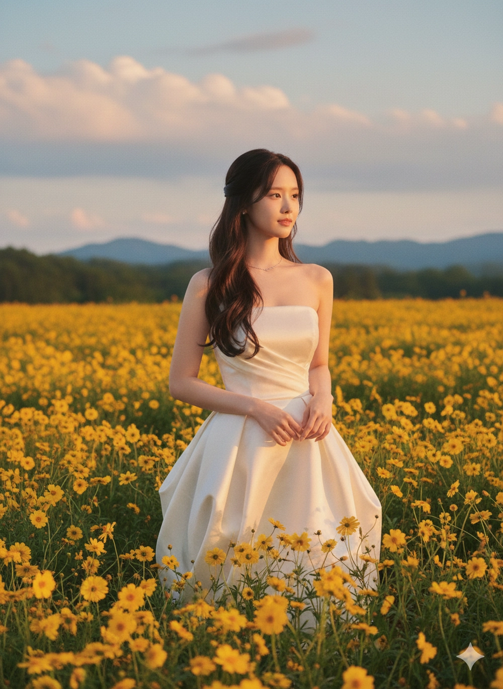 Cách tạo ảnh nàng thơ bên hoa vàng cùng Gemini Bước 1: Truy cập công cụ và tải ảnh lên Đầu tiên, bạn tìm kiếm và truy cập vào trang web của Google Gemini hoặc ứng dụng Gemini trên điện thoại. Chọn tính năng "Tạo hình ảnh" (Image Generation) hoặc giao diện nhập câu lệnh trực tiếp. Sau đó, bạn tải lên bức ảnh chân dung rõ nét mà muốn AI sử dụng khuôn mặt. Lưu ý chọn ảnh chính diện hoặc góc 3/4 rõ ràng, không bị che bởi tóc hay vật thể. Bên cạnh đó, ánh sáng cần đồng đều, không quá tối hoặc bị ngược sáng mạnh để AI lấy nét tốt nhất. Bước 2: Nhập câu lệnh Sao chép và dán (copy-paste) một trong các câu lệnh sau vào Gemini. Hình 1: Preserve the original face from the uploaded photo. Candid portrait of a beautiful Asian woman in a vast field of yellow rapeseed during the golden hour. She is turned three-quarters away from the camera, her head tilted back over her shoulder, a gentle half-smile on her face, her expression dreamy. Her long, wavy black hair is loose, the strands slightly tousled in the wind. She is wearing a strapless ivory satin dress that falls gracefully, the fabric catching the light gently. She holds a bouquet of yellow rapeseed flowers near her chest/shoulders, a few stems touching her bare shoulders. Warm sunset backlight creates a soft halo on her hair and shoulders, with subtle fill light from the front illuminating her face. Warm, cinematic color effects — bright yellow field, soft warm skin tone. Shallow depth of field, smooth bokeh background, natural film-like grain, portrait feel with 85mm, f/1.8 lens, surreal, highly detailed, true-to-life like a photo. Câu lệnh Gemini tạo ảnh nàng thơ bên hoa vàng rực rỡ Hình 2: Preserve the original face from the uploaded photo. A cinematic portrait of a young woman running through a field of blooming yellow flowers during the golden hour. She wears a strapless ivory satin dress that flows gracefully as she runs, gently holding the dress with one hand. Her long, dark brown hair is loose and fluttering in the wind. She looks towards the camera with joy and freedom. Warm, golden sunlight illuminates her face and dress, with a soft, natural motion blur in the background. The scene is dreamy, poetic, and serene—surrounded by endless yellow flowers under a soft sunset sky. Shot full body, shallow depth of field, film-like texture, warm vintage tones, surreal lighting, 85mm lens, cinematic atmosphere, soft focus, vibrant highlights. Câu lệnh Gemini tạo ảnh nàng thơ bên hoa vàng rực rỡ Hình 3: Original face from uploaded photo. A cheerful Asian woman stands in the middle of a bright yellow rapeseed field during golden hour, wearing a graceful, strapless ivory satin dress. She has long, wavy black hair that hangs loose with soft highlights, slightly tousled by the wind. She smiles warmly at the camera, one hand holding a V (peace) sign close to her face, in a playful selfie pose, her head tilted playfully. Soft sunlight from the right casts a warm glow on her hair and shoulders. The background is yellow flowers and distant village houses under a pale yellow sky. Natural light, pastel tones, cinematic composition, shallow depth of field, surrealism, soft focus, giving a warm and dreamy feel. Câu lệnh Gemini tạo ảnh nàng thơ bên hoa vàng rực rỡ Hình 4: The original face from the uploaded photo remains intact. A beautiful young woman with long, wavy black hair, wearing a graceful, strapless ivory satin dress, stands in the middle of a field of blooming yellow flowers during the golden hour. She turns her head slightly, the sunlight illuminating her face and dress with a warm glow. The background shows distant trees and rolling hills under a pastel sky. The atmosphere in the photo is cinematic, dreamy, romantic, and peaceful — natural light photography, shallow depth of field, surreal, 8K detail, film tones, soft focus. Câu lệnh Gemini tạo ảnh nàng thơ bên hoa vàng rực rỡ Hình 5: Preserve the original face from the uploaded photo. A beautiful Asian woman standing in the middle of a field of blooming yellow rapeseed flowers at golden hour, holding a bouquet of flowers close to her face, soft natural sunlight, long black hair blowing lightly in the wind, wearing a gracefully flowing strapless ivory satin dress, serene and dreamy expression, cinematic lighting, realistic skin texture, detailed background with mountains and trees, surreal portrait photography, shallow depth of field, 4K Câu lệnh Gemini tạo ảnh nàng thơ bên hoa vàng rực rỡ Hình 6: Original face from uploaded photo. A dreamy aesthetic portrait of a young girl reflected in a large square mirror set among bright yellow wildflowers under a blue sky. The girl has long, wavy black hair, natural makeup, and a gentle smile. She wears a gracefully flowing strapless ivory satin dress, lying on her side, one hand gently folded near her head. The photo captures her reflection in the mirror, surrounded by delicate yellow petals, soft daylight, shallow depth of field, cinematic composition, ethereal atmosphere, photography by @cottonbro, 85mm lens, f/1.8, surreal, high detail, soft colors, sky reflection photography style. Câu lệnh Gemini tạo ảnh nàng thơ bên hoa vàng rực rỡ Bước 3: Hoàn thiện và tải về Sau khi nhập prompt, Gemini AI sẽ cần vài giây để xử lý. Nếu kết quả chưa ưng ý (, bạn hãy thử điều chỉnh một vài từ khóa trong câu lệnh (Ví dụ: thay straw hat bằng wide-brim sun hat) và nhấn "Regenerate" để xem các biến thể khác. Khi đã có bức ảnh nàng thơ hoàn hảo, bạn chỉ cần tải về và sẵn sàng đăng trên mạng xã hội nhận bão like thôi.