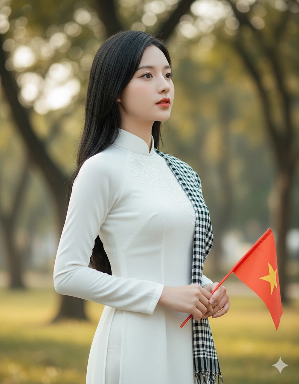 Câu lệnh Gemini AI tạo ảnh áo dài cùng lá cờ đỏ sao vàng