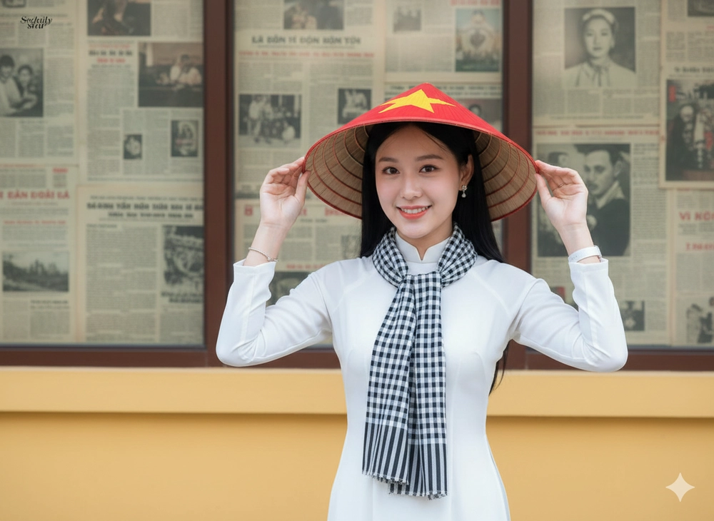 Câu lệnh Gemini AI tạo ảnh áo dài cùng lá cờ đỏ sao vàng