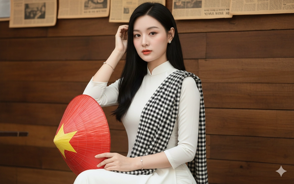 Câu lệnh Gemini AI tạo ảnh áo dài cùng lá cờ đỏ sao vàng