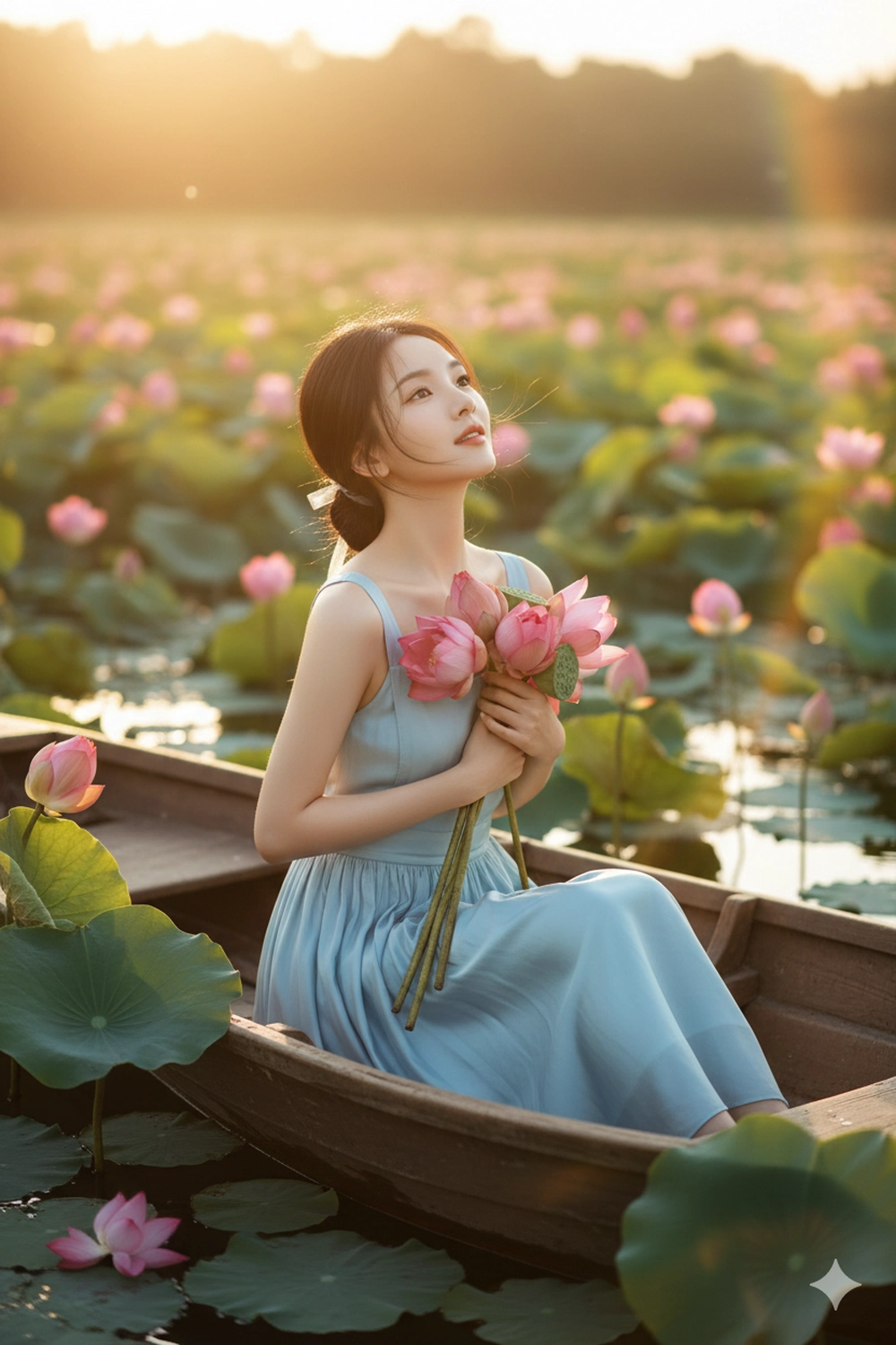 Câu lệnh Gemini AI tạo ảnh bên đóa sen đẹp mê ly