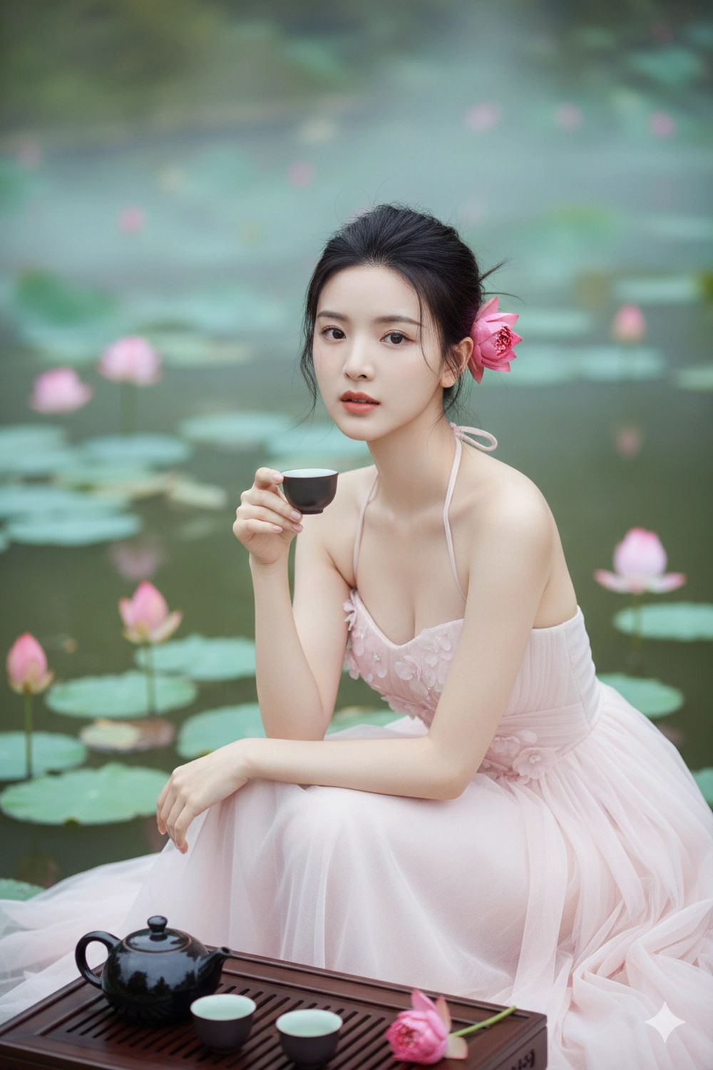 Câu lệnh Gemini AI tạo ảnh bên đóa sen đẹp mê ly