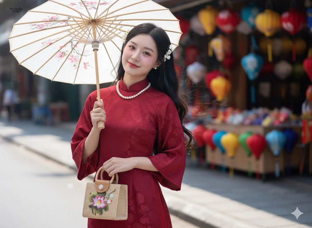 Hóa phú bà áo dài đỏ chúc Tết bằng Gemini AI