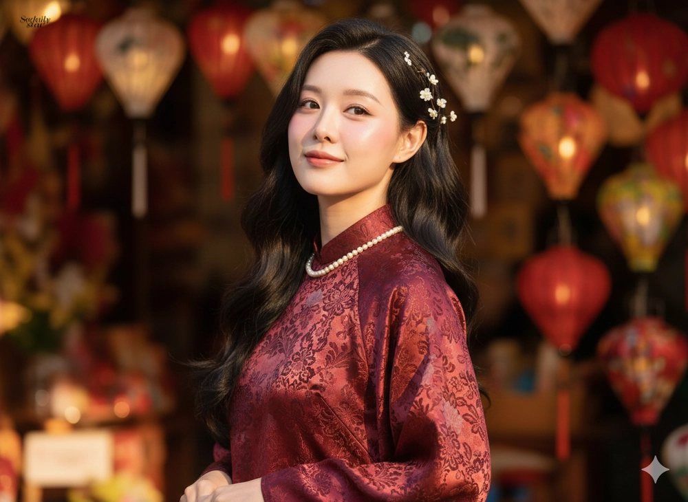 Hóa phú bà áo dài đỏ chúc Tết bằng Gemini AI