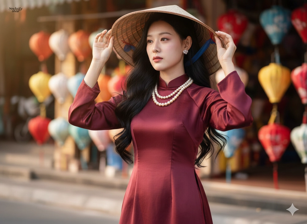 Hóa phú bà áo dài đỏ chúc Tết bằng Gemini AI