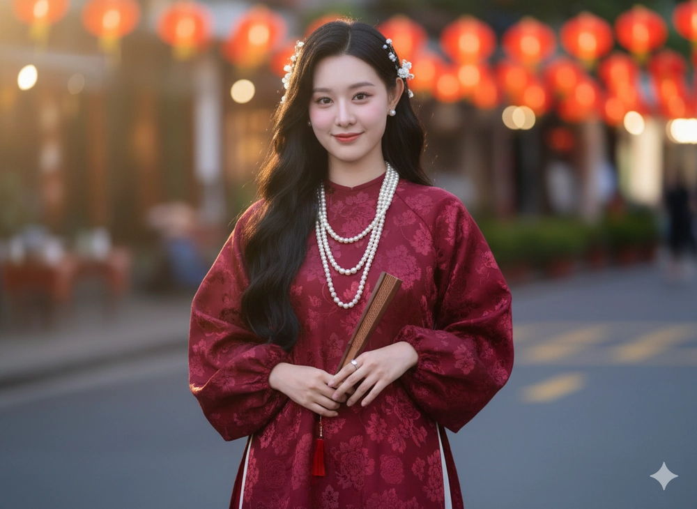 Hóa phú bà áo dài đỏ chúc Tết bằng Gemini AI