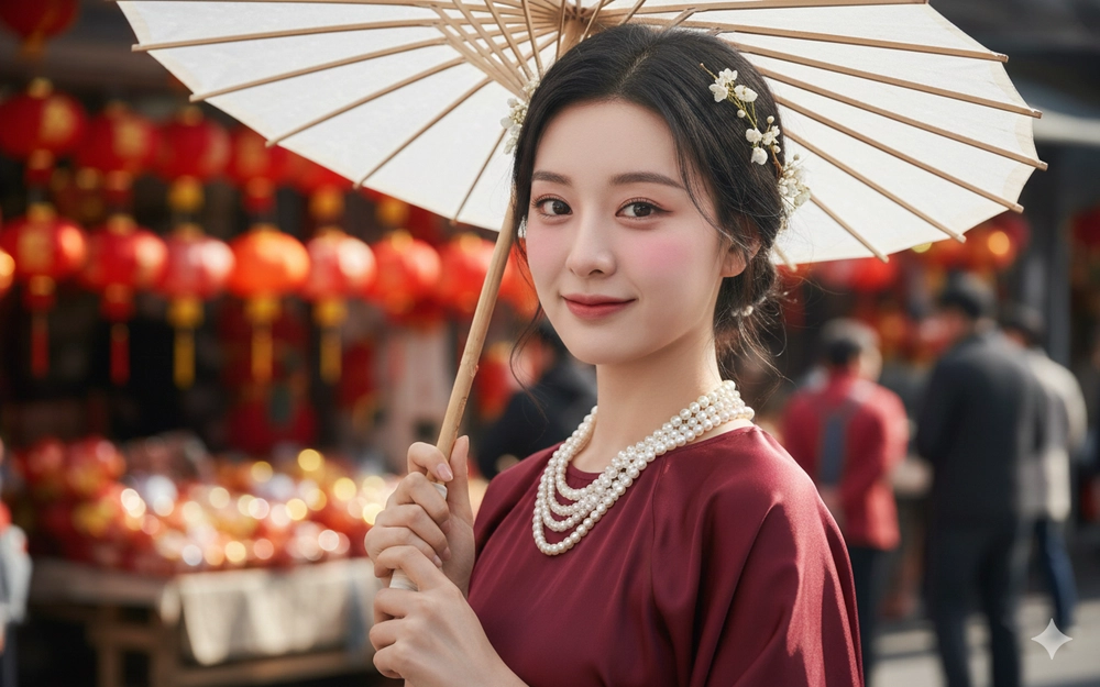 Hóa phú bà áo dài đỏ chúc Tết bằng Gemini AI