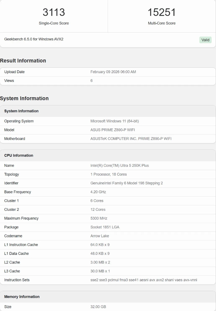 Intel Core Ultra 5 250K Plus lộ diện