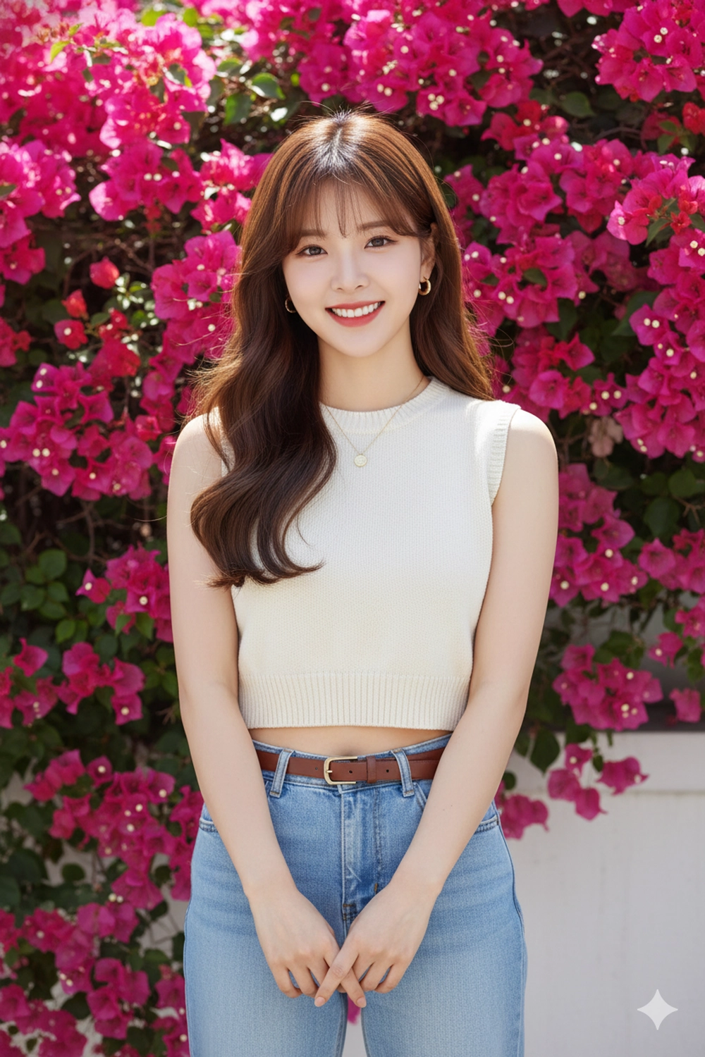 Tạo ảnh bên giàn hoa giấy đẹp lung linh với Gemini