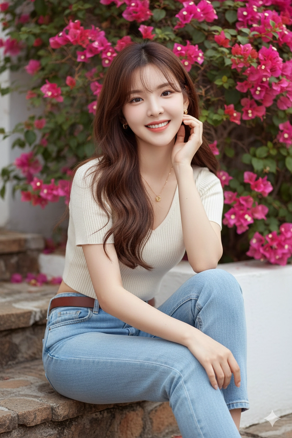 Tạo ảnh bên giàn hoa giấy đẹp lung linh với Gemini