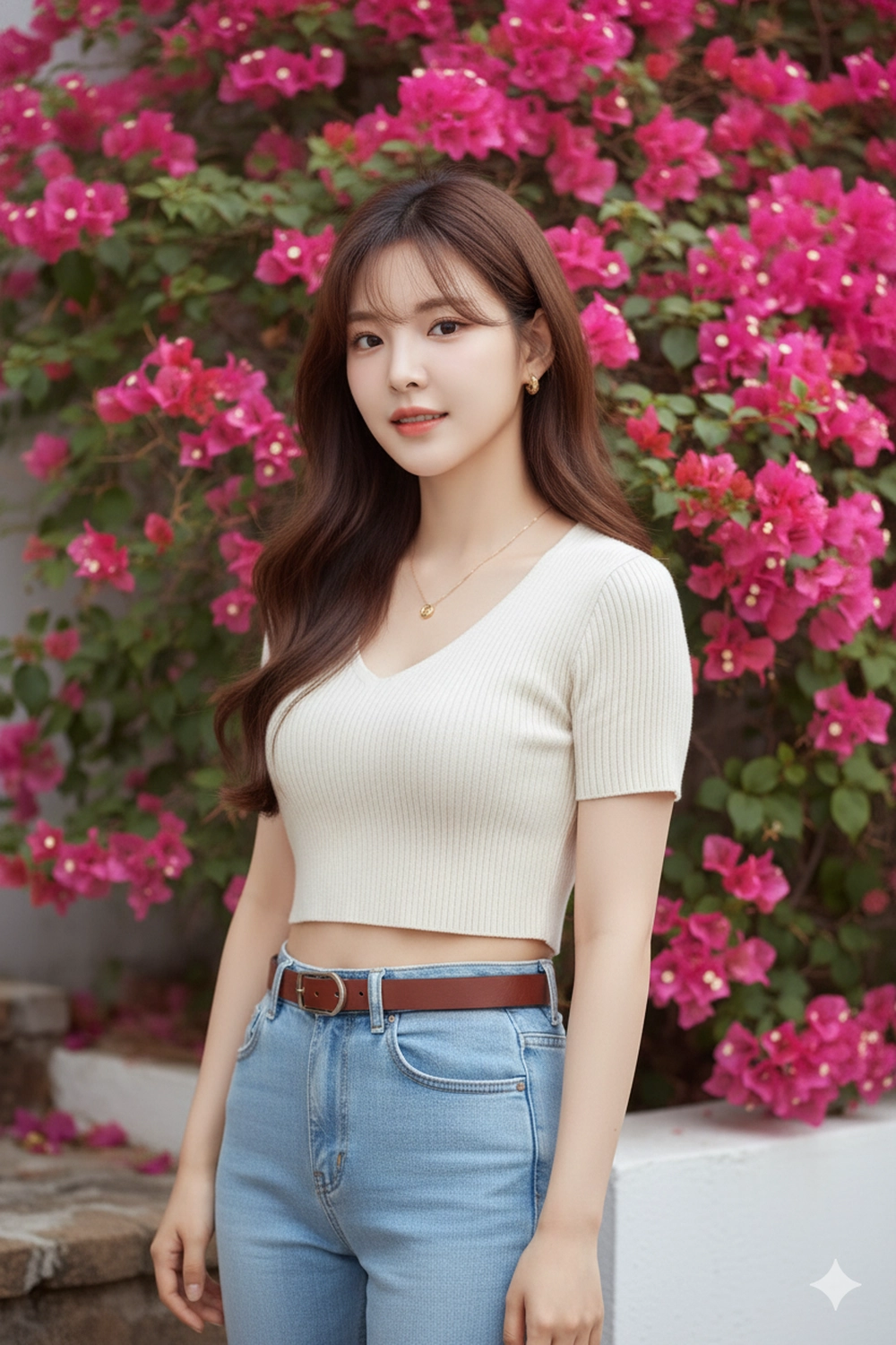 Tạo ảnh bên giàn hoa giấy đẹp lung linh với Gemini