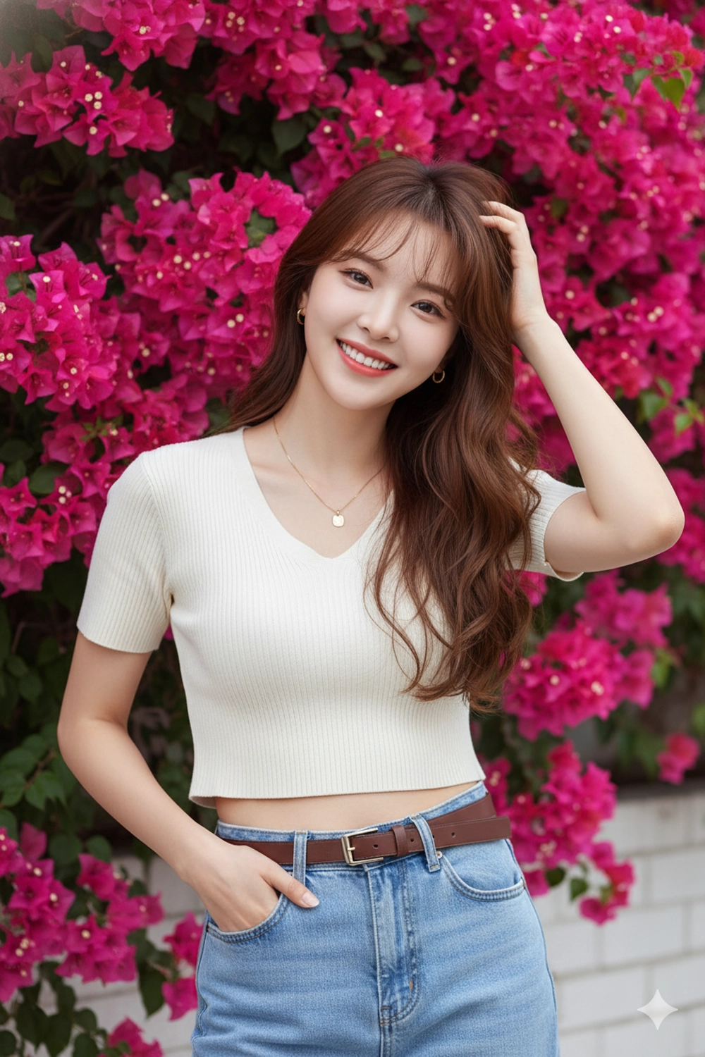 Tạo ảnh bên giàn hoa giấy đẹp lung linh với Gemini