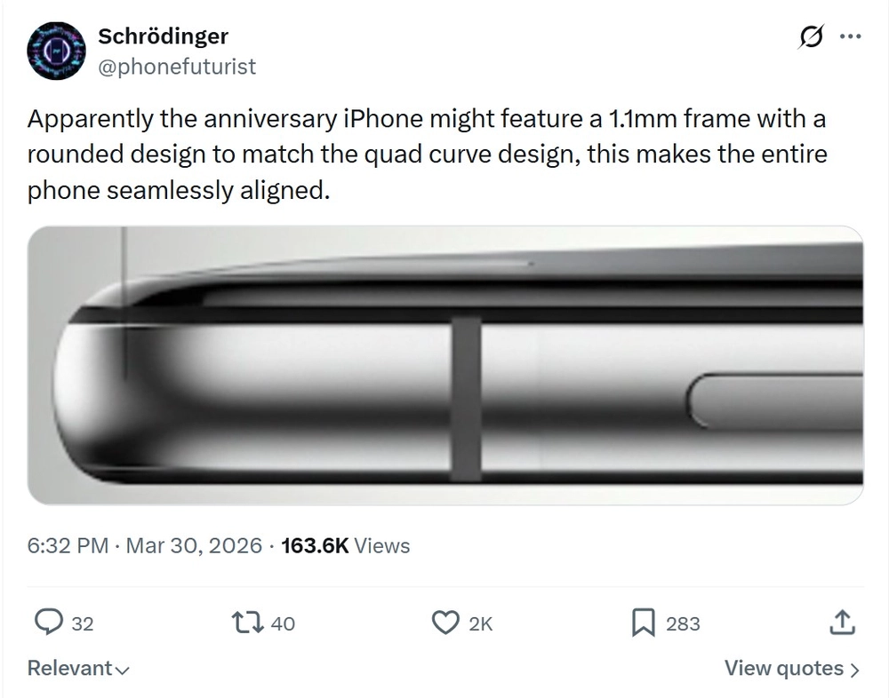 iPhone 20 lộ thiết kế cong, viền siêu mỏng kỷ lục