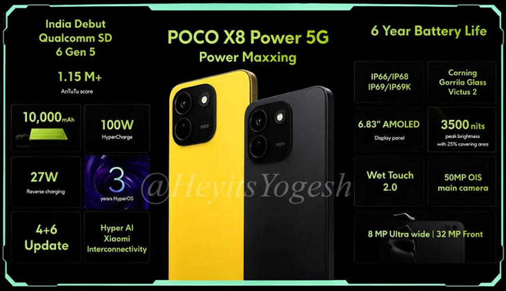 Rò rỉ POCO X8 Power: Máy siêu mỏng, pin siêu trâu 10.000 mAh